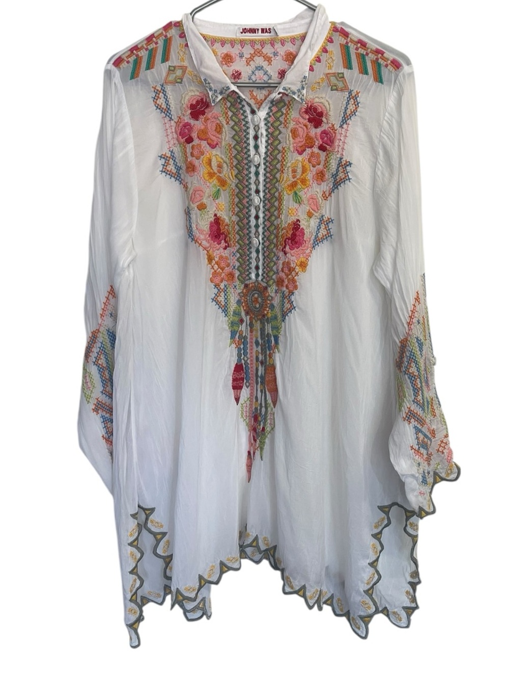 Johnny Was Embroidered Sheer Tunic Blouse Boho Festival Chic
